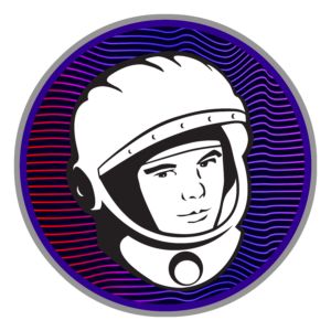 Silhouette of Yuri Gagarin wearing his CCCP helmet over a purple to red transition with black lines